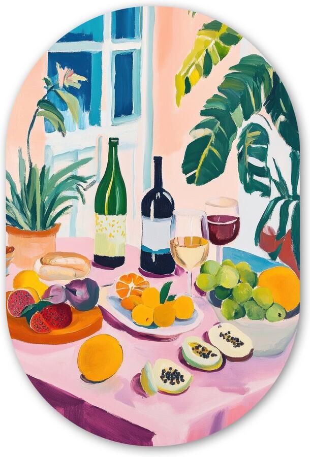 MuchoWow Muurovaal 40x60 cm Ovale wanddecoratie Tafel Wijn Fruit Ovalen schilderij Muurdecoratie woonkamer Kamer decoratie Schilderijen Wandcirkel