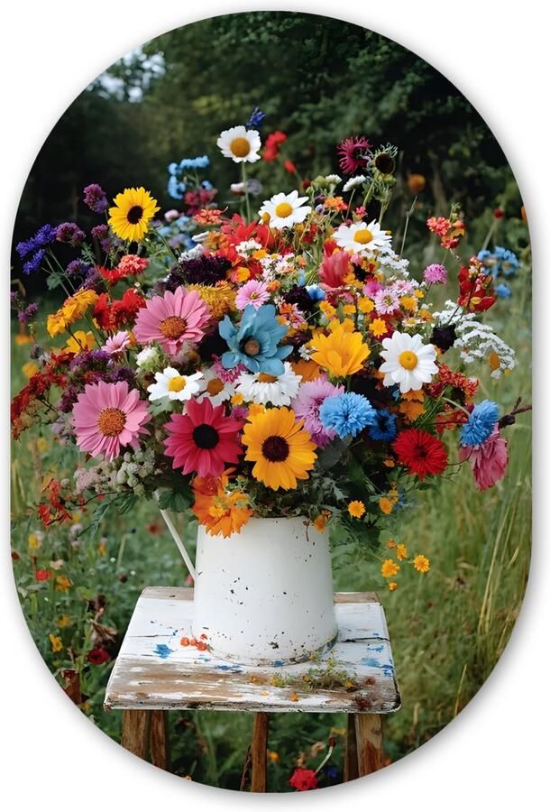 MuchoWow Muurovaal 80x120 cm Ovale wanddecoratie Bloemen Krukje Gieter Veld Ovalen schilderij Muurdecoratie woonkamer Kamer decoratie Schilderijen Wandcirkel