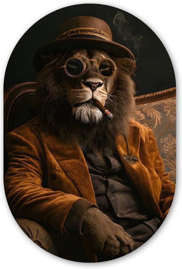 MuchoWow Muurovaal 80x120 cm Ovale wanddecoratie Bril Leeuw Bank Hoed Ovalen schilderij Muurdecoratie woonkamer Kamer decoratie Schilderijen Wandcirkel