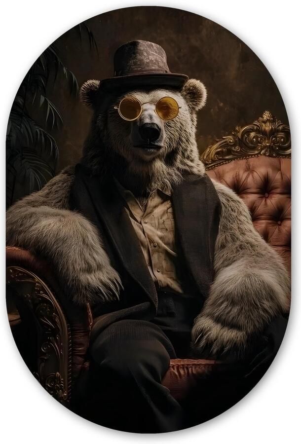 MuchoWow Muurovaal 60x90 cm Ovale wanddecoratie Ijsbeer Hoed Bril Stoel Ovalen schilderij Muurdecoratie woonkamer Kamer decoratie Schilderijen Wandcirkel