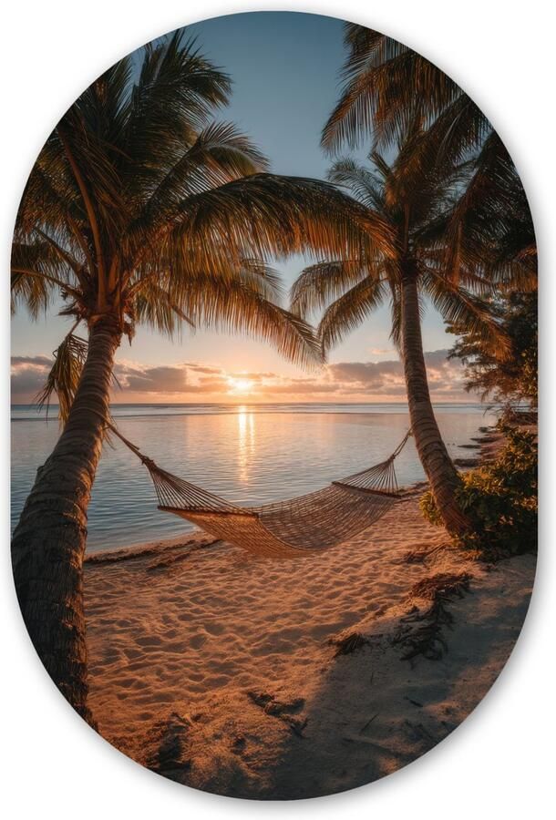 MuchoWow Muurovaal 60x90 cm Ovale wanddecoratie Palmbomen Hangmat Strand Zonsondergang Ovalen schilderij Muurdecoratie woonkamer Kamer decoratie Schilderijen Wandcirkel