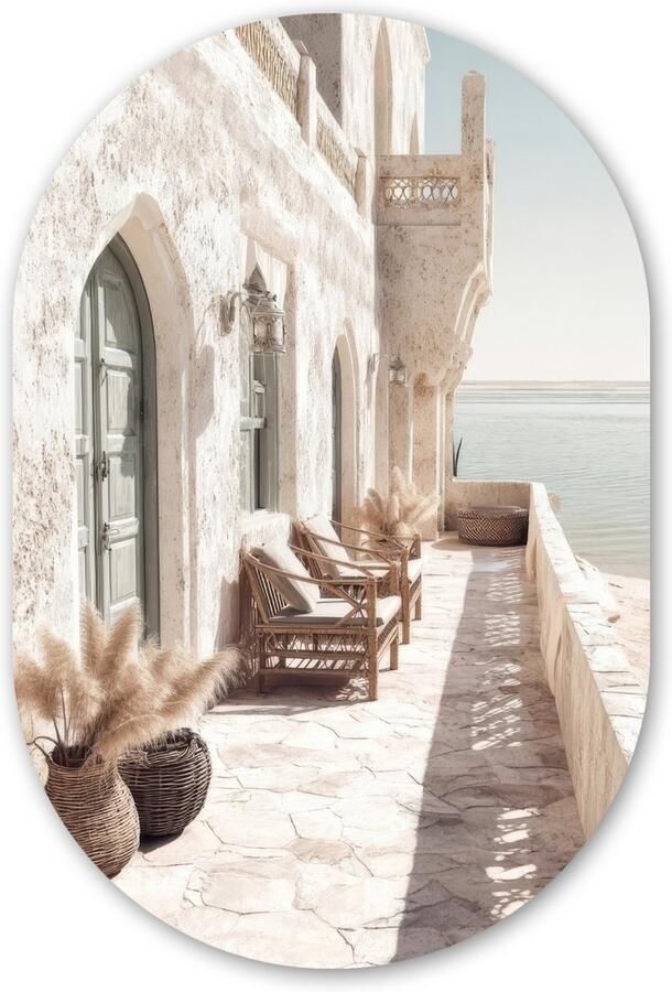 MuchoWow Muurovaal 60x90 cm Ovale wanddecoratie Terras Stoelen Strand Beige Ovalen schilderij Muurdecoratie woonkamer Kamer decoratie Schilderijen Wandcirkel