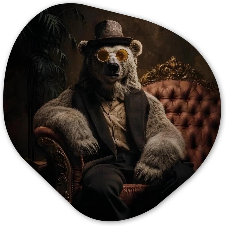 MuchoWow Organische wanddecoratie 60x60 cm Organisch schilderij Ijsbeer Hoed Bril Stoel Muurdecoratie woonkamer Kamer decoratie Schilderijen Muurcirkel aesthetic