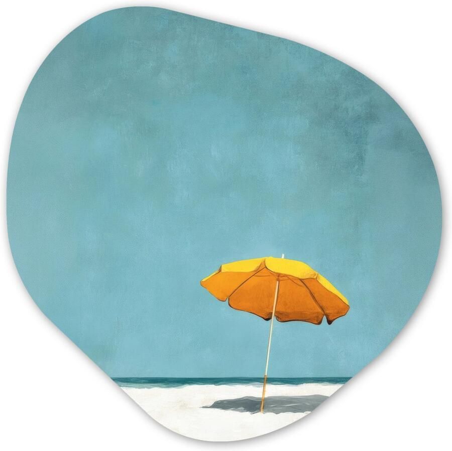 MuchoWow Organische wanddecoratie 90x90 cm Organisch schilderij Parasol Geel Strand Zee Muurdecoratie woonkamer Kamer decoratie Schilderijen Muurcirkel aesthetic