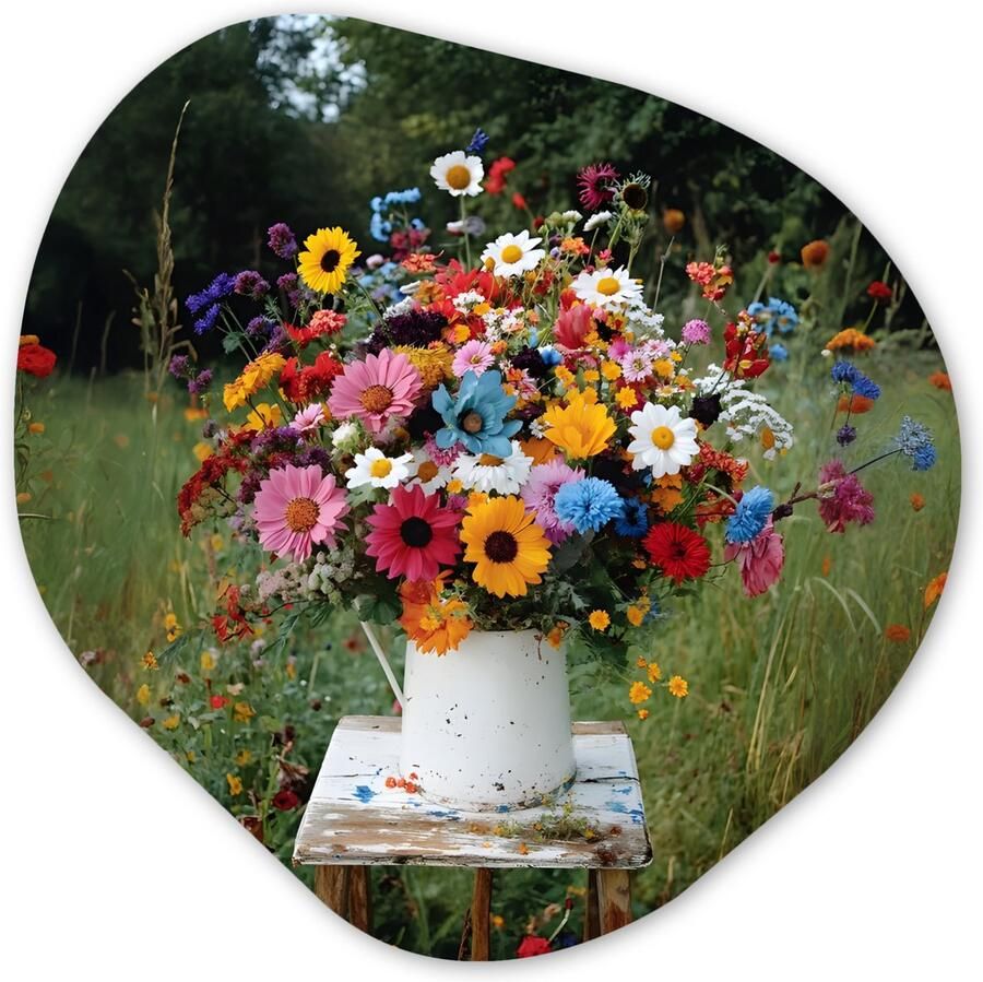 MuchoWow Organische wanddecoratie 60x60 cm Organisch schilderij Bloemen Krukje Gieter Veld Muurdecoratie woonkamer Kamer decoratie Schilderijen Muurcirkel aesthetic