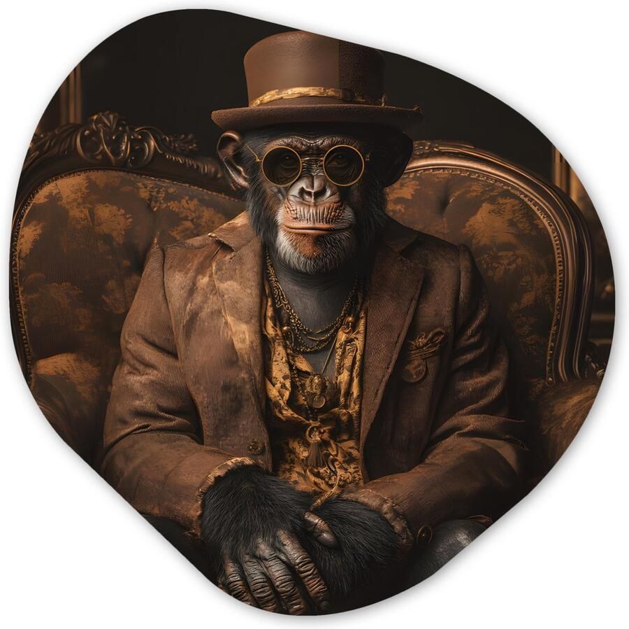 MuchoWow Organische wanddecoratie 60x60 cm Organisch schilderij Chimpansee Stoel Pak Bruin Muurdecoratie woonkamer Kamer decoratie Schilderijen Muurcirkel aesthetic
