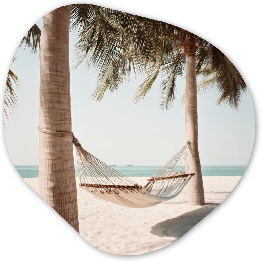 MuchoWow Organische wanddecoratie 60x60 cm Organisch schilderij Hangmat Palmbomen Strand Zee Muurdecoratie woonkamer Kamer decoratie Schilderijen Muurcirkel aesthetic