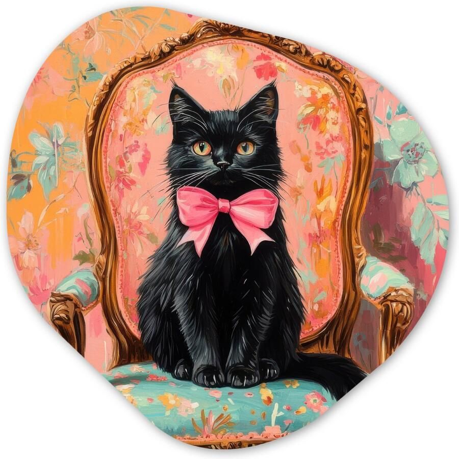 MuchoWow Organische wanddecoratie 60x60 cm Organisch schilderij Kat Roze Stoel met bloemenmotief Muurdecoratie woonkamer Kamer decoratie Schilderijen Muurcirkel aesthetic