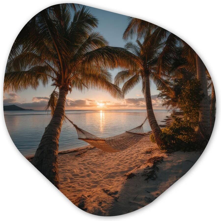 MuchoWow Organische wanddecoratie 60x60 cm Organisch schilderij Palmbomen Hangmat Strand Zonsondergang Muurdecoratie woonkamer Kamer decoratie Schilderijen Muurcirkel aesthetic