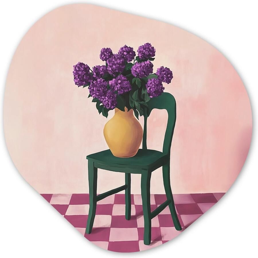 MuchoWow Organische wanddecoratie 60x60 cm Organisch schilderij Stoel Vaas Bloemen Geblokt Muurdecoratie woonkamer Kamer decoratie Schilderijen Muurcirkel aesthetic