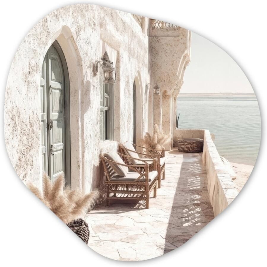 MuchoWow Organische wanddecoratie 60x60 cm Organisch schilderij Terras Stoelen Strand Beige Muurdecoratie woonkamer Kamer decoratie Schilderijen Muurcirkel aesthetic