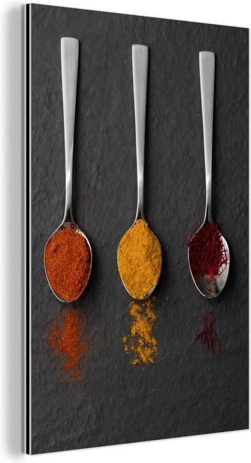 MuchoWow Wanddecoratie Metaal Aluminium Schilderij Industrieel Specerijen Lepels Tafel Rustiek Kruiden 40x60 cm Dibond Foto op aluminium Industriële muurdecoratie Voor de woonkamer slaapkamer
