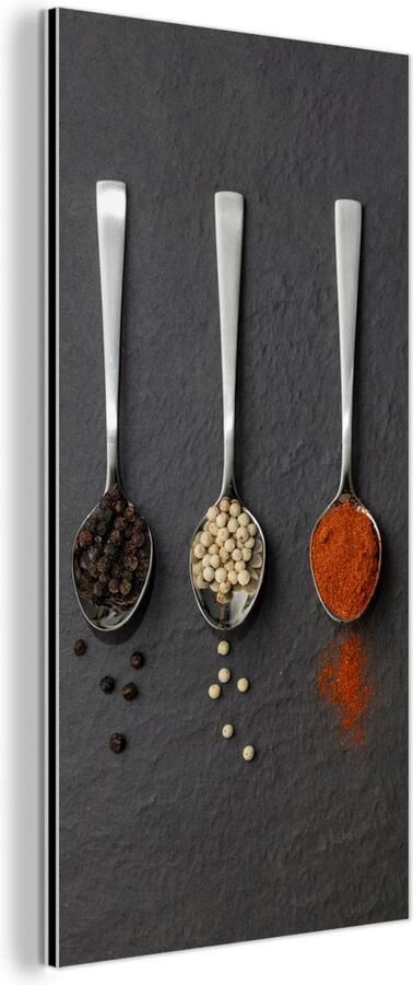 MuchoWow Wanddecoratie Metaal Aluminium Schilderij Industrieel Specerijen Lepels Tafel Rustiek Kruiden 80x160 cm Dibond Foto op aluminium Industriële muurdecoratie Voor de woonkamer slaapkamer