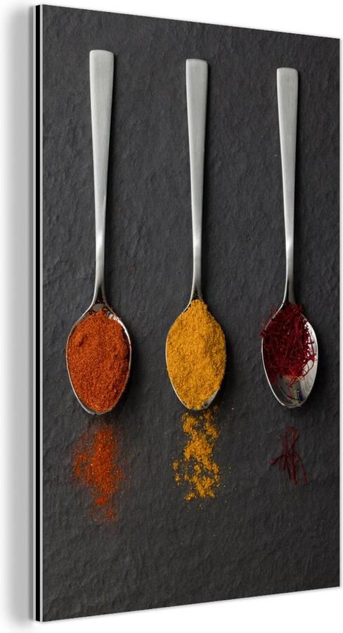 MuchoWow Wanddecoratie Metaal Aluminium Schilderij Industrieel Specerijen Lepels Tafel Rustiek Kruiden 20x30 cm Dibond Foto op aluminium Industriële muurdecoratie Voor de woonkamer slaapkamer