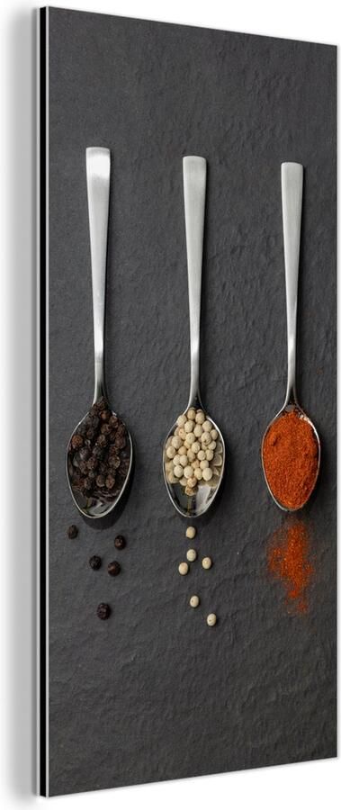 MuchoWow Wanddecoratie Metaal Aluminium Schilderij Industrieel Specerijen Lepels Tafel Rustiek Kruiden 40x80 cm Dibond Foto op aluminium Industriële muurdecoratie Voor de woonkamer slaapkamer