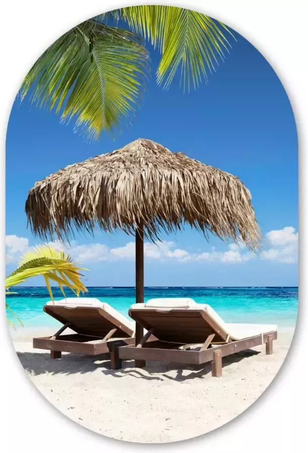 MuchoWow Muurovaal Kunststof Wanddecoratie Ovalen Schilderij Strand Parasol Zee 40x60 cm Ovale spiegel vorm op kunststof