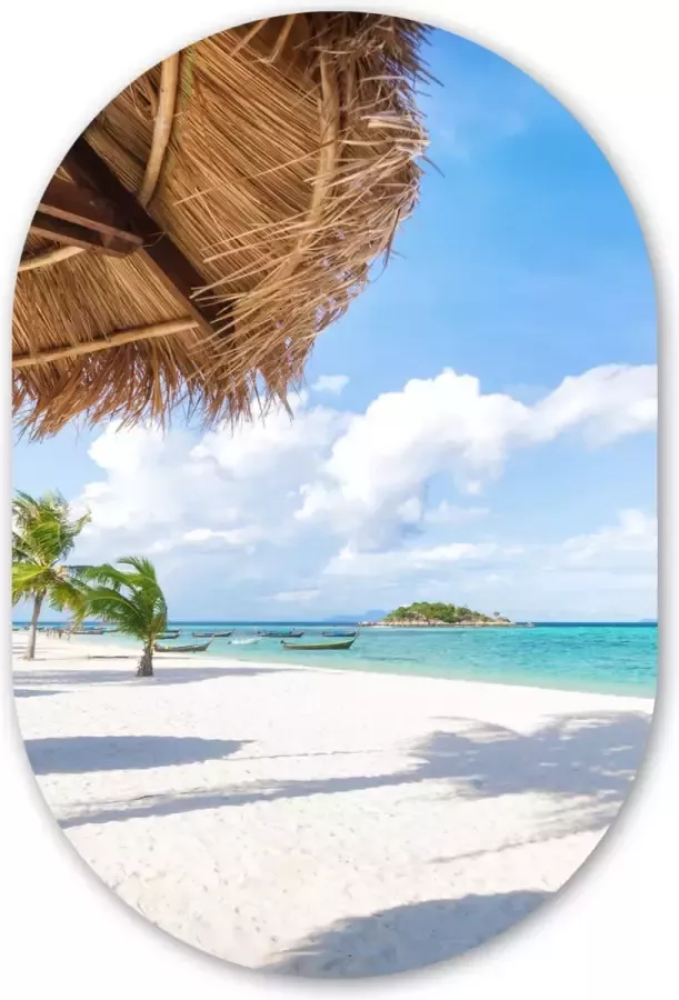 MuchoWow Muurovaal Kunststof Wanddecoratie Ovalen Schilderij Strand Parasol Zee Eiland 60x90 cm Ovale spiegel vorm op kunststof