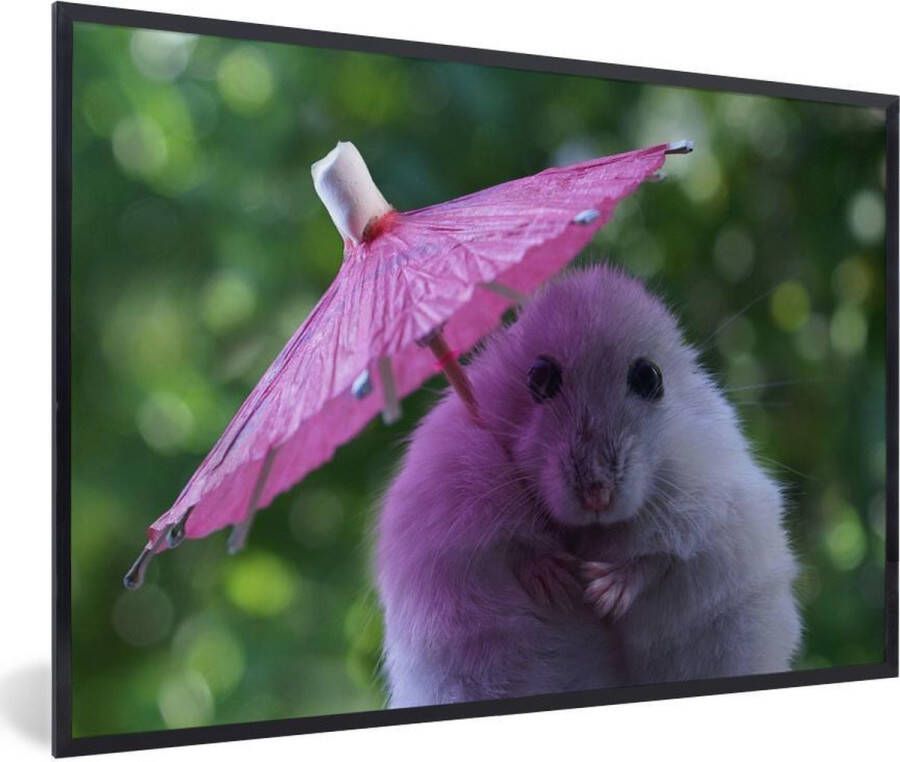 MuchoWow Poster met lijst Hamster met een roze parasol fotolijst zwart 90x60 cm Poster met lijst