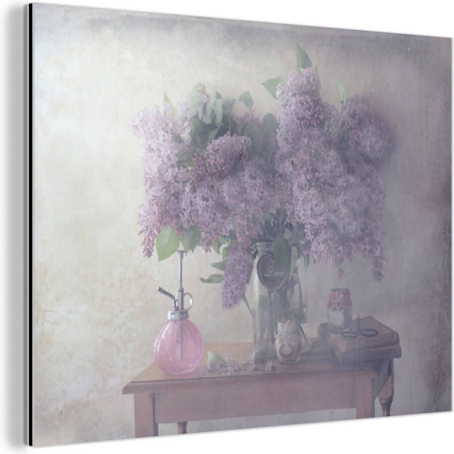 MuchoWow Wanddecoratie Metaal Aluminium Schilderij Industrieel Bloemen Tafel Stilleven 160x120 cm Dibond Foto op aluminium Industriële muurdecoratie Voor de woonkamer slaapkamer