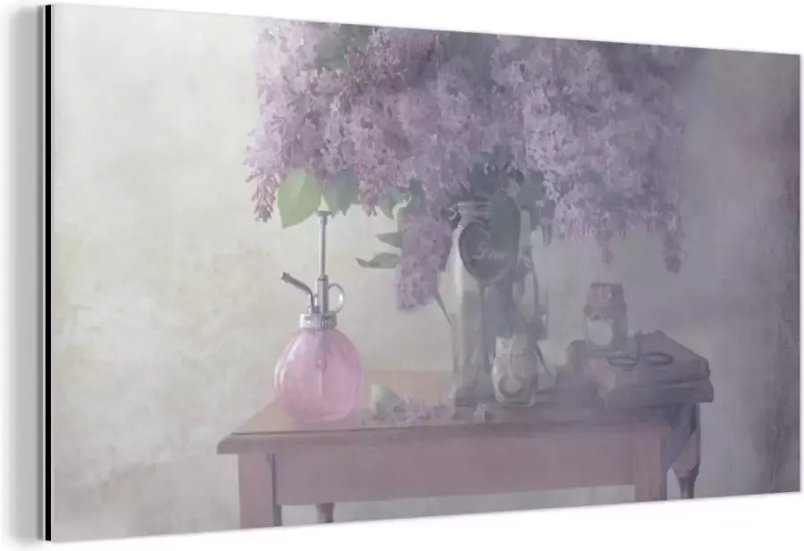 MuchoWow Wanddecoratie Metaal Aluminium Schilderij Industrieel Bloemen Tafel Stilleven 80x40 cm Dibond Foto op aluminium Industriële muurdecoratie Voor de woonkamer slaapkamer
