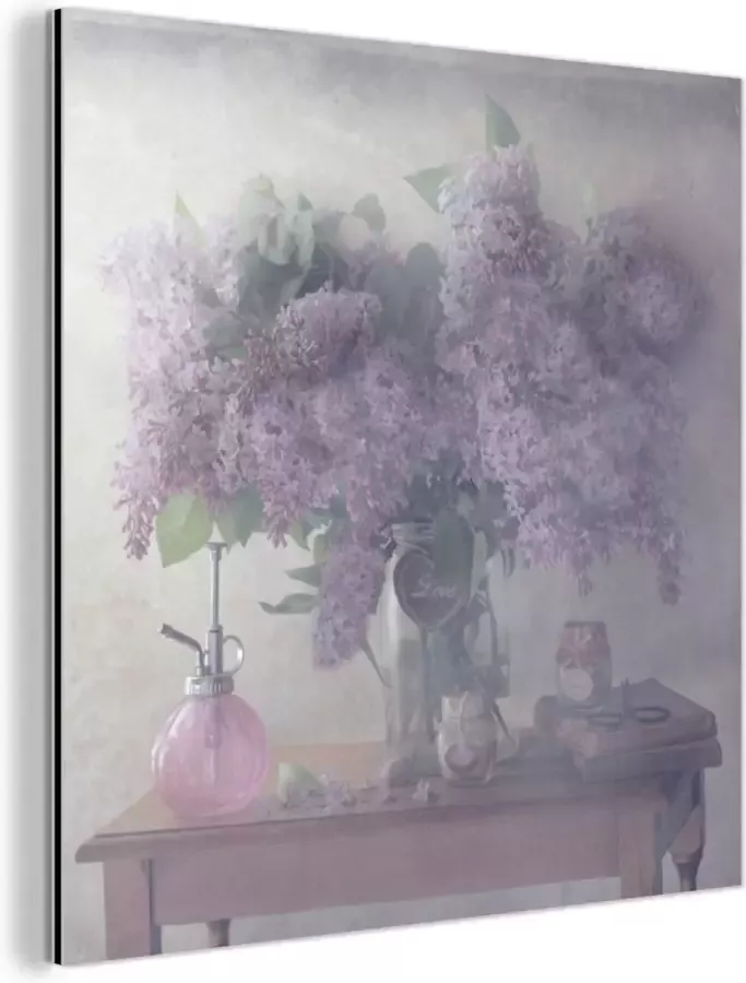 MuchoWow Wanddecoratie Metaal Aluminium Schilderij Industrieel Bloemen Tafel Stilleven 90x90 cm Dibond Foto op aluminium Industriële muurdecoratie Voor de woonkamer slaapkamer