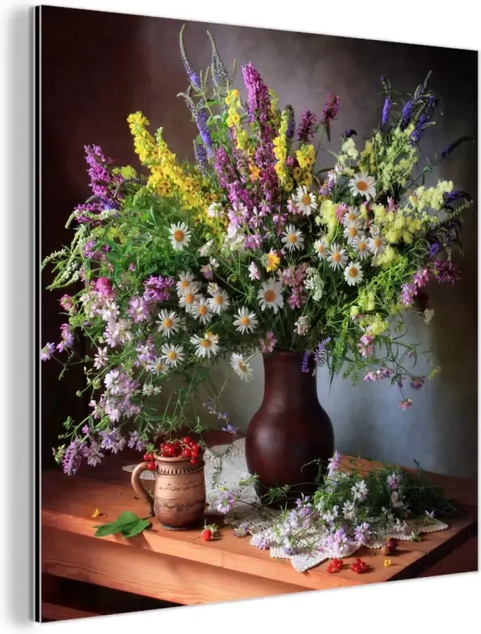 MuchoWow Aluminium schilderij 90x90 cm Wanddecoratie metaal Bloemen Tafel Stilleven Boeket Vaas Metalen muurdecoratie woonkamer Decoratie industrieel Foto op dibond Industriële accessoires slaapkamer - Foto 1