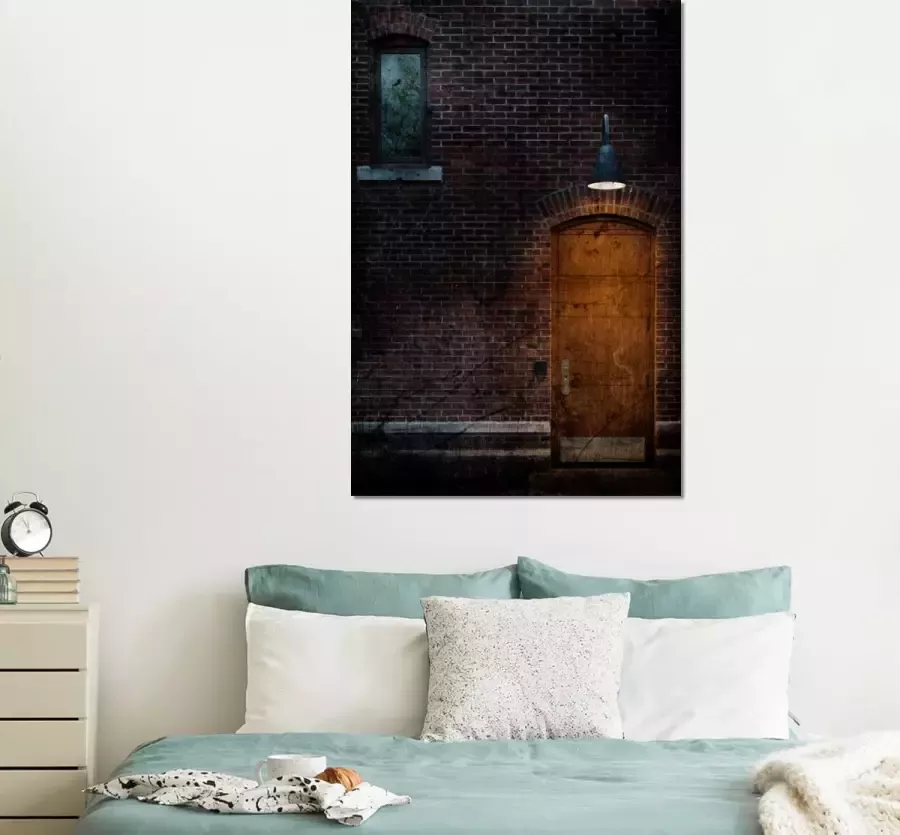 MuchoWow Wanddecoratie Metaal Aluminium Schilderij Industrieel Deur Muur Lamp Architectuur 100x150 cm Dibond Foto op aluminium Industriële muurdecoratie Voor de woonkamer slaapkamer - Foto 1