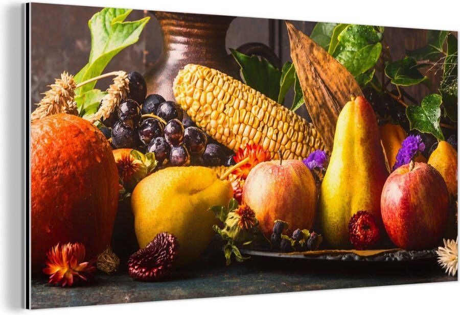 MuchoWow Wanddecoratie Metaal Aluminium Schilderij Industrieel Groente Fruit Rustiek Tafel 120x60 cm Dibond Foto op aluminium Industriële muurdecoratie Voor de woonkamer slaapkamer