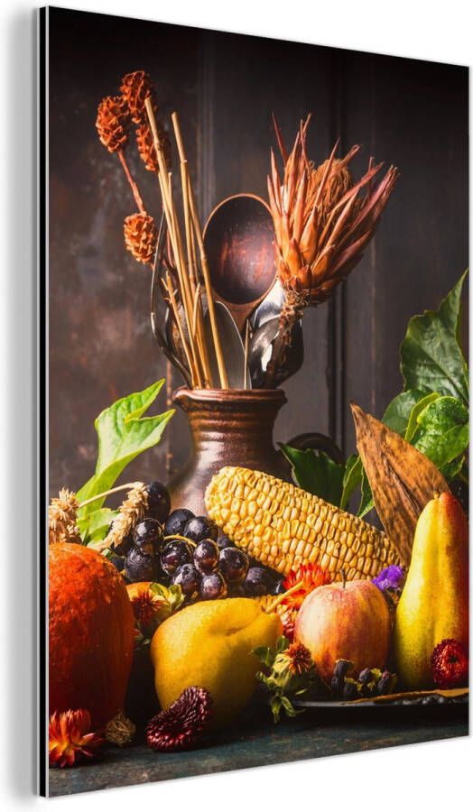 MuchoWow Wanddecoratie Metaal Aluminium Schilderij Industrieel Groente Fruit Rustiek Tafel 60x80 cm Dibond Foto op aluminium Industriële muurdecoratie Voor de woonkamer slaapkamer