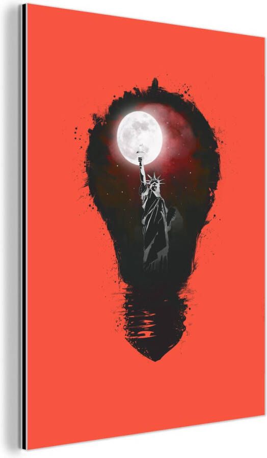 MuchoWow Wanddecoratie Metaal Aluminium Schilderij Industrieel New York Nacht Lamp Rood 120x160 cm Dibond Foto op aluminium Industriële muurdecoratie Voor de woonkamer slaapkamer