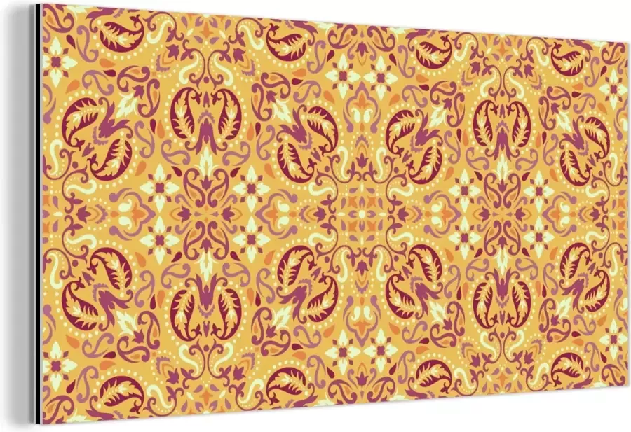 MuchoWow Wanddecoratie Metaal Aluminium Schilderij Industrieel Perzisch Tapijt Vloerkleed Patronen Oranje 80x40 cm Dibond Foto op aluminium Industriële muurdecoratie Voor de woonkamer slaapkamer