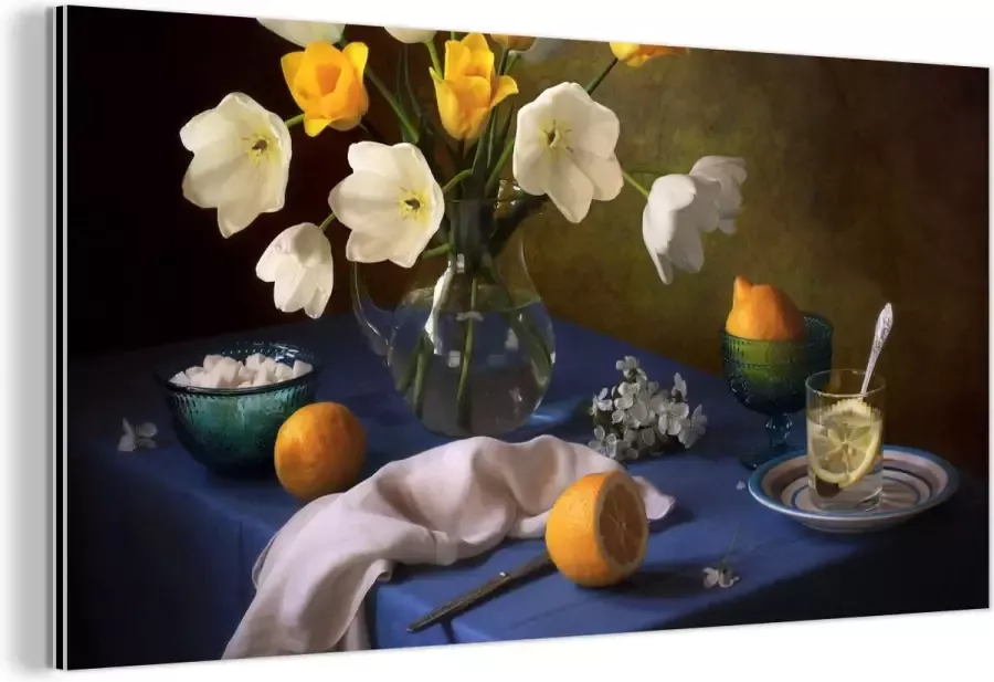 MuchoWow Wanddecoratie Metaal Aluminium Schilderij Industrieel Stilleven Kleuren Tafel 40x20 cm Dibond Foto op aluminium Industriële muurdecoratie Voor de woonkamer slaapkamer