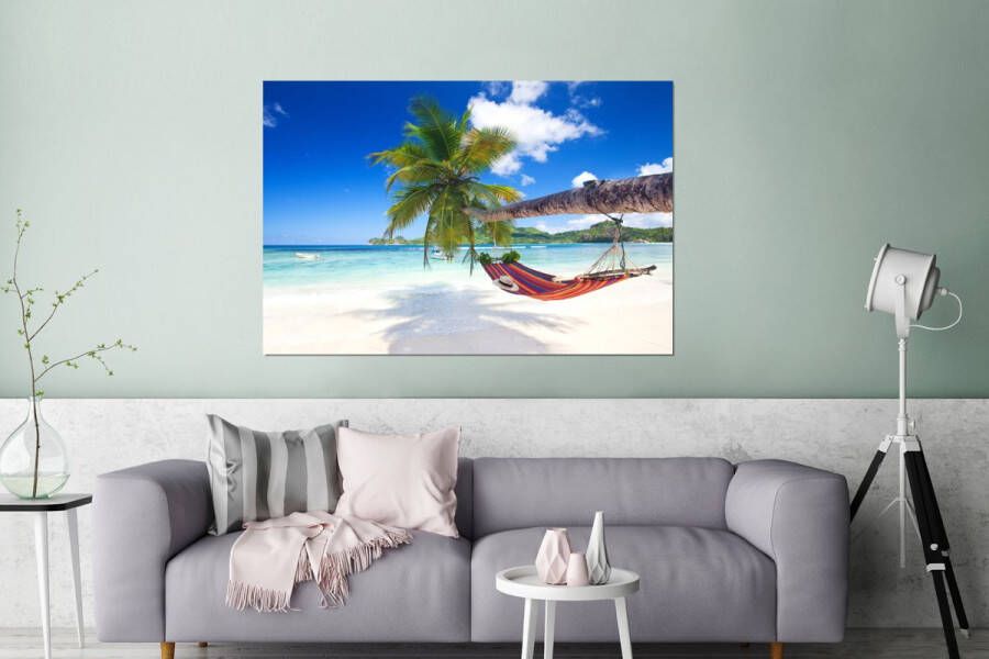 MuchoWow Aluminium schilderij 120x80 cm Wanddecoratie metaal Strand Hangmat Zee Palmboom Metalen muurdecoratie woonkamer Decoratie industrieel Foto op dibond Industriële accessoires slaapkamer