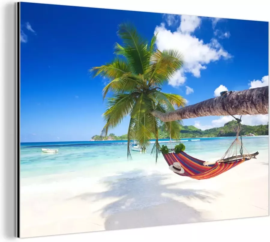 MuchoWow Aluminium schilderij 150x100 cm Wanddecoratie metaal Strand Hangmat Zee Palmboom Metalen muurdecoratie woonkamer Decoratie industrieel Foto op dibond Industriële accessoires slaapkamer - Foto 2