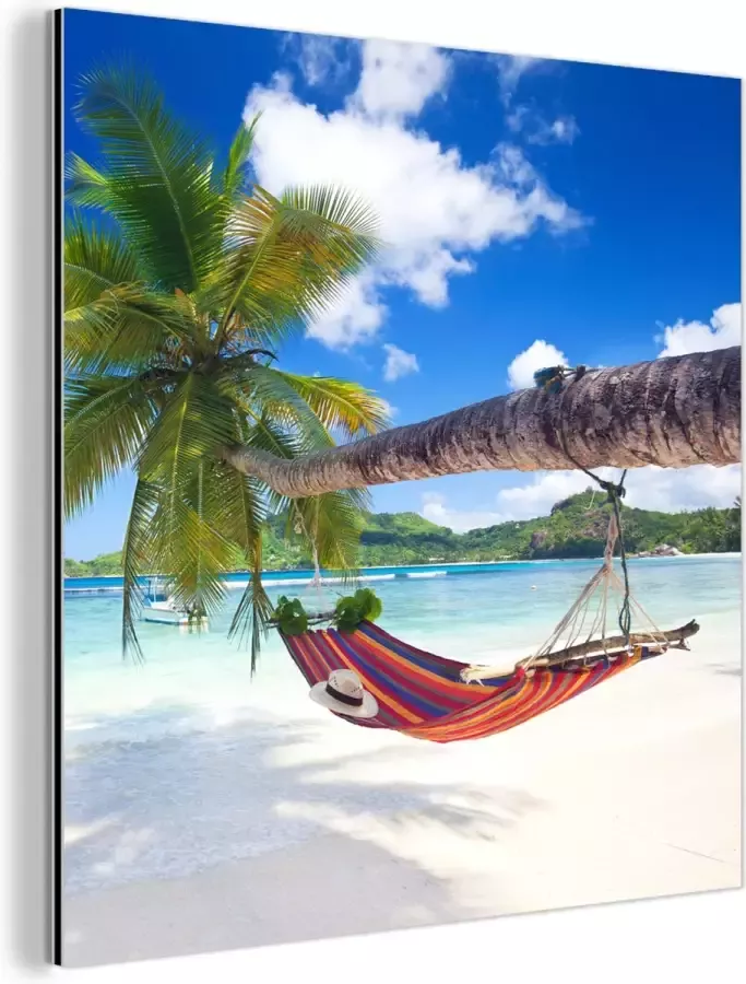 MuchoWow Wanddecoratie Metaal Aluminium Schilderij Industrieel Strand Hangmat Zee Palmboom 20x20 cm Dibond Foto op aluminium Industriële muurdecoratie Voor de woonkamer slaapkamer