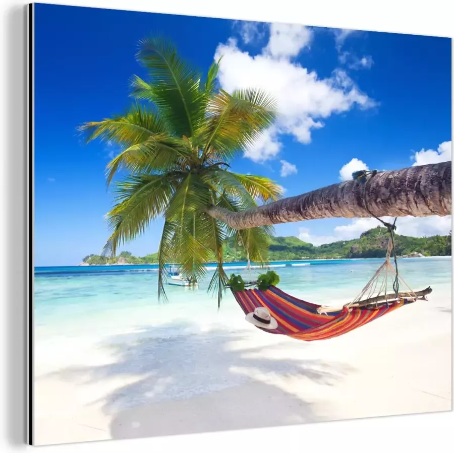 MuchoWow Wanddecoratie Metaal Aluminium Schilderij Industrieel Strand Hangmat Zee Palmboom 40x30 cm Dibond Foto op aluminium Industriële muurdecoratie Voor de woonkamer slaapkamer