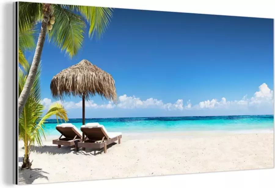 MuchoWow Aluminium schilderij 120x60 cm Wanddecoratie metaal Strand Parasol Zee Metalen muurdecoratie woonkamer Decoratie industrieel Foto op dibond Industriële accessoires slaapkamer