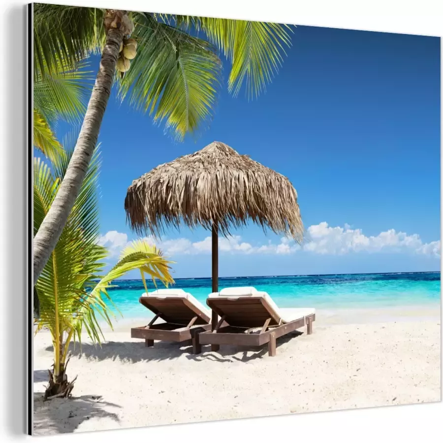 MuchoWow Aluminium schilderij 80x60 cm Wanddecoratie metaal Strand Parasol Zee Metalen muurdecoratie woonkamer Decoratie industrieel Foto op dibond Industriële accessoires slaapkamer