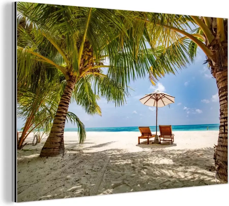 MuchoWow Wanddecoratie Metaal Aluminium Schilderij Industrieel Strandstoel Parasol Palmboom 30x20 cm Dibond Foto op aluminium Industriële muurdecoratie Voor de woonkamer slaapkamer