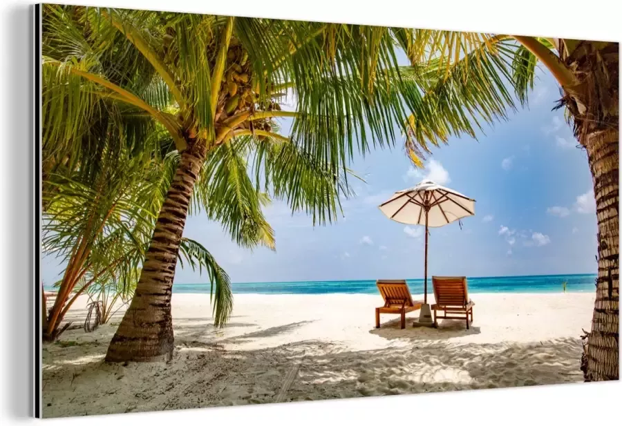 MuchoWow Wanddecoratie Metaal Aluminium Schilderij Industrieel Strandstoel Parasol Palmboom 80x40 cm Dibond Foto op aluminium Industriële muurdecoratie Voor de woonkamer slaapkamer