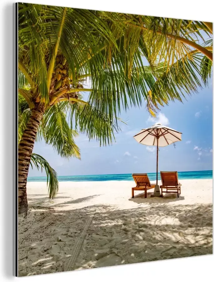 MuchoWow Wanddecoratie Metaal Aluminium Schilderij Industrieel Strandstoel Parasol Palmboom 90x90 cm Dibond Foto op aluminium Industriële muurdecoratie Voor de woonkamer slaapkamer