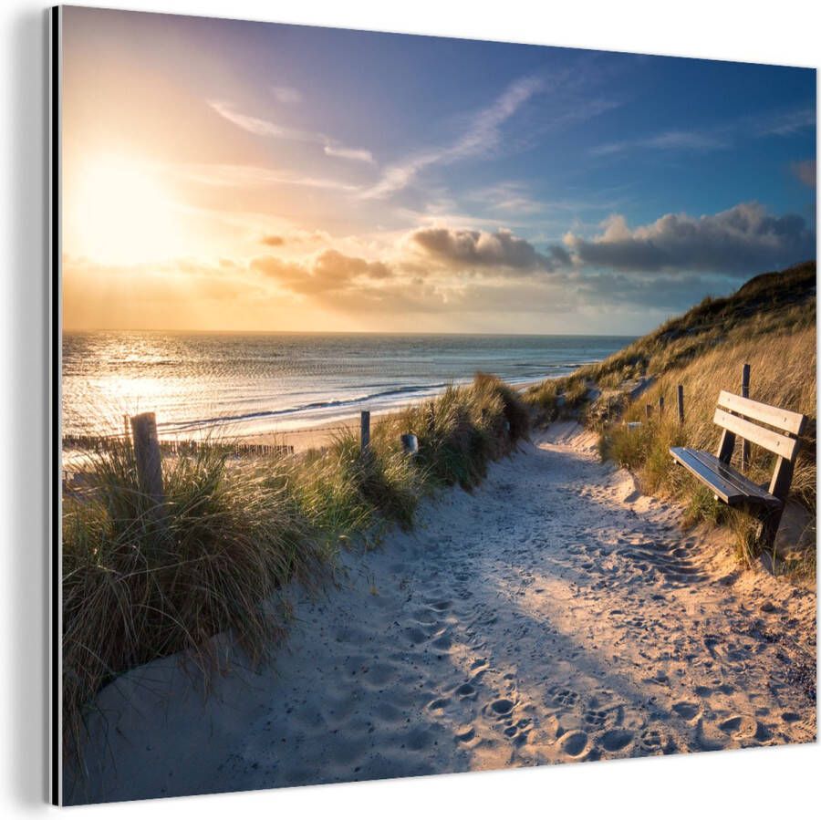 MuchoWow Wanddecoratie Metaal Aluminium Schilderij Industrieel Zonsondergang Strand Duin Gras Bank 80x60 cm Dibond Foto op aluminium Industriële muurdecoratie Voor de woonkamer slaapkamer