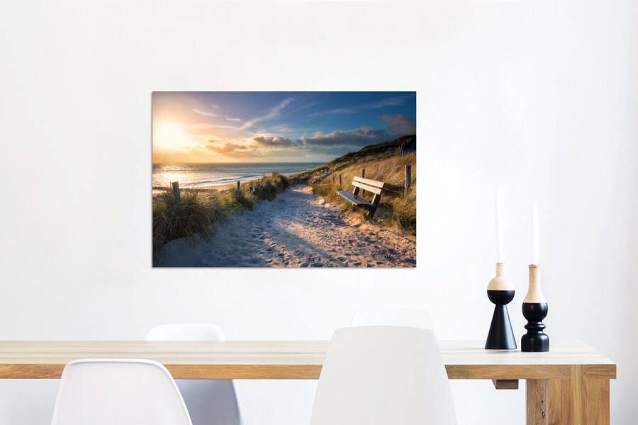 MuchoWow Wanddecoratie Metaal Aluminium Schilderij Industrieel Zonsondergang Strand Duin Gras Bank 60x40 cm Dibond Foto op aluminium Industriële muurdecoratie Voor de woonkamer slaapkamer