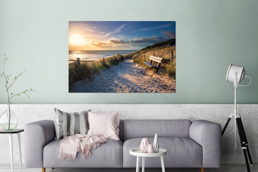 MuchoWow Wanddecoratie Metaal Aluminium Schilderij Industrieel Zonsondergang Strand Duin Gras Bank 180x120 cm Dibond Foto op aluminium Industriële muurdecoratie Voor de woonkamer slaapkamer