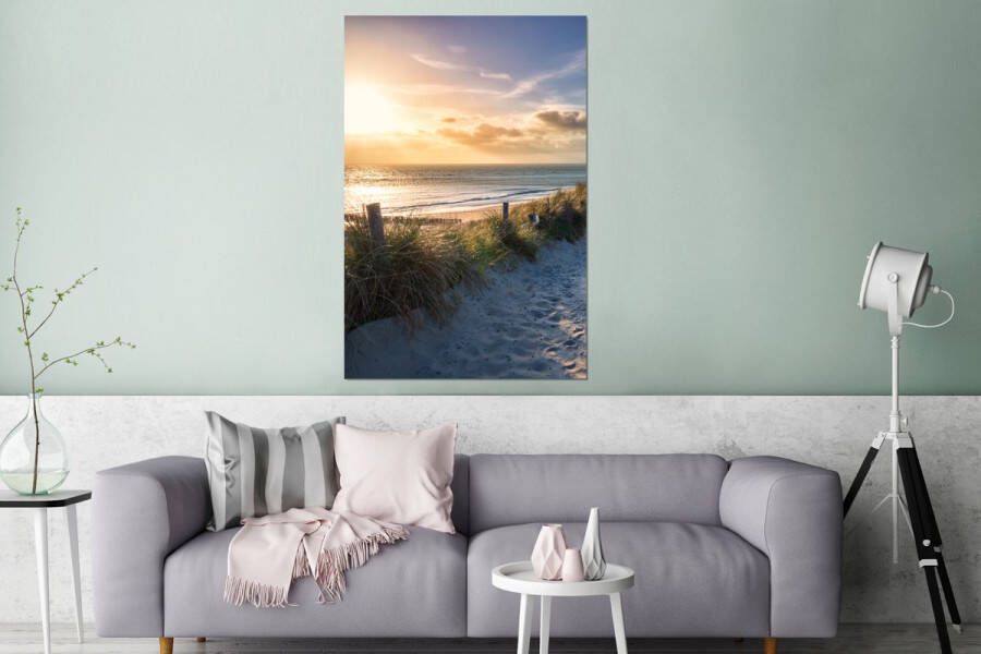 MuchoWow Aluminium schilderij 80x120 cm Wanddecoratie metaal Zonsondergang Strand Duin Gras Bank Metalen muurdecoratie woonkamer Decoratie industrieel Foto op dibond Industriële accessoires slaapkamer