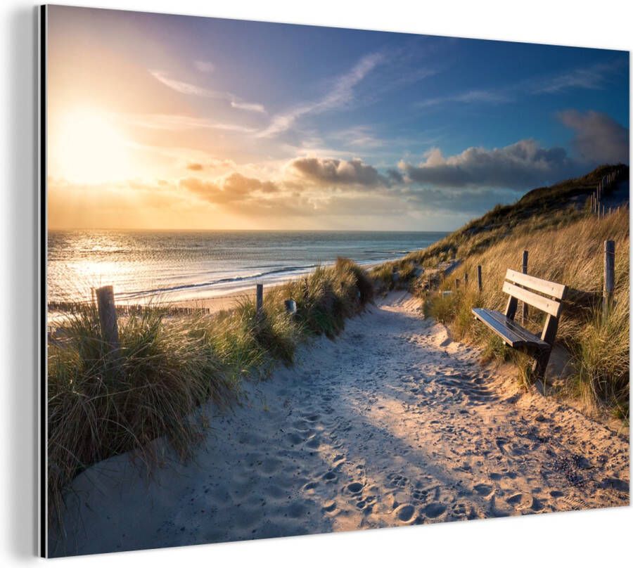 MuchoWow Aluminium schilderij 90x60 cm Wanddecoratie metaal Zonsondergang Strand Duin Gras Bank Metalen muurdecoratie woonkamer Decoratie industrieel Foto op dibond Industriële accessoires slaapkamer