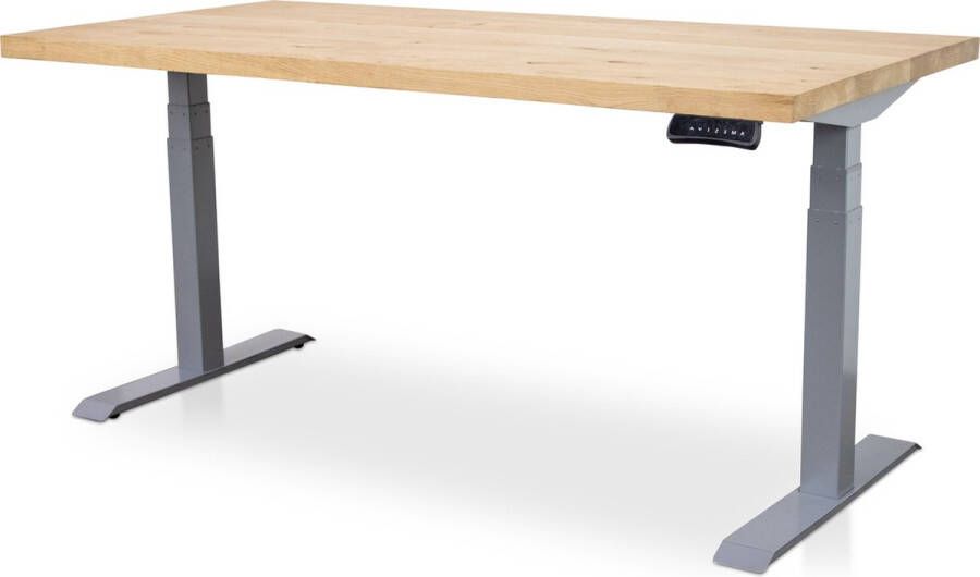 Multi Ratio Zit-sta bureau met massief eiken blad 140 x 80 cm MRC PRO NEN-EN 527 elektrisch verstelbaar frame aluminium 130 cm hoog 150KG draagvermogen