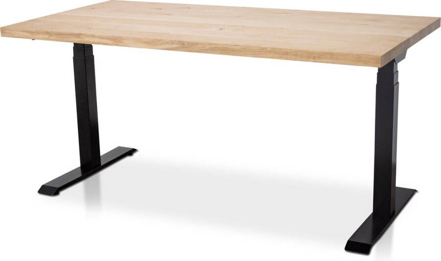 Multi Ratio Zit-sta bureau met massief eiken blad 140 x 80 cm MRC PRO NEN-EN 527 elektrisch verstelbaar frame aluminium 130 cm hoog 150KG draagvermogen