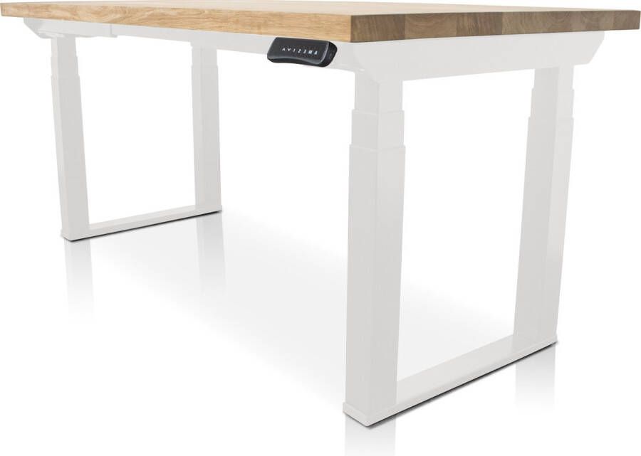 Lineaflex MRC Zit-sta bureau met massief eiken blad 140 x 80 cm MRC PRO U-poot frame zwart NEN-EN 527 elektrisch verstelbaar frame zwart 130 cm hoog 150KG draagvermogen