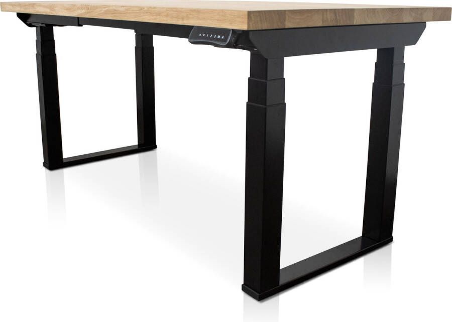 Multi Ratio Zit-sta bureau met massief eiken blad 160 x 80 cm MRC PRO U-poot frame wit NEN-EN 527 elektrisch verstelbaar frame wit 130 cm hoog 150KG draagvermogen